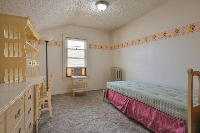 114-02 Sutter Ave, South Ozone Park, NY 11420 - carpeted bedroom featuring cooling unit, a textured ceiling, radiator heating unit, baseboards, and lofted ceiling