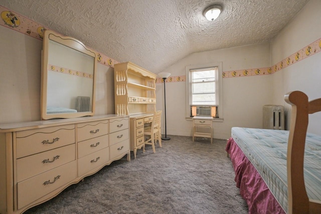 bedroom featuring a textured ceiling, vaulted ceiling, carpet floors, cooling unit, and radiator