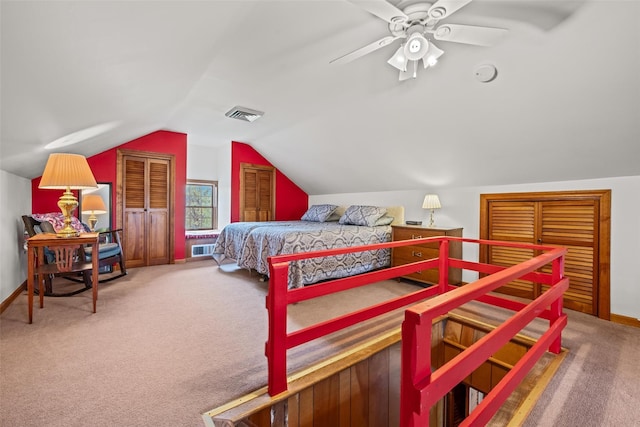 353 Berea Rd, Walden, NY 12586 - carpeted bedroom featuring baseboards, visible vents, ceiling fan, and lofted ceiling