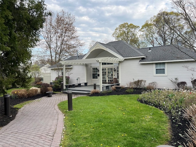 207 Cornwall Meadows Ln, Patterson, NY 12563 - rear view of house featuring a pergola, a yard, a shingled roof, and french doors