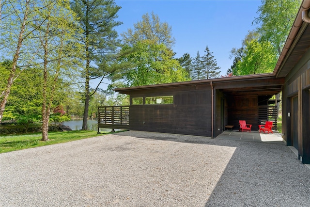 garage with a water view