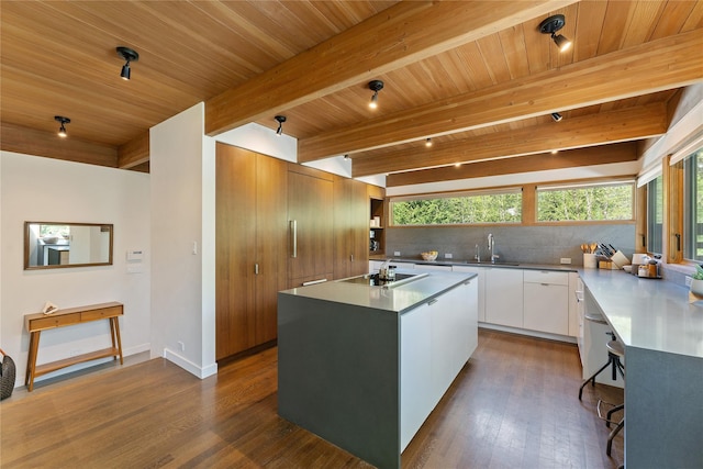 kitchen featuring a sink, electric stovetop, dark wood-style floors, and wooden ceiling