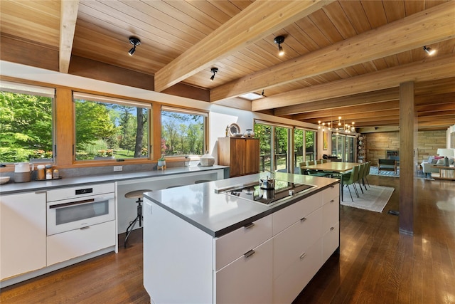 kitchen with dark wood-type flooring, black electric stovetop, a healthy amount of sunlight, and white oven