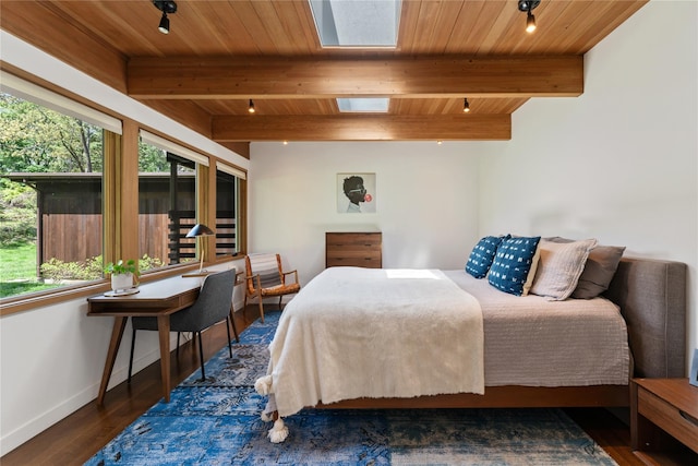 bedroom featuring beamed ceiling, baseboards, wooden ceiling, and wood finished floors