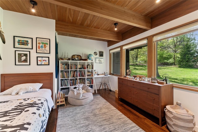 bedroom with beam ceiling, wood finished floors, and wooden ceiling