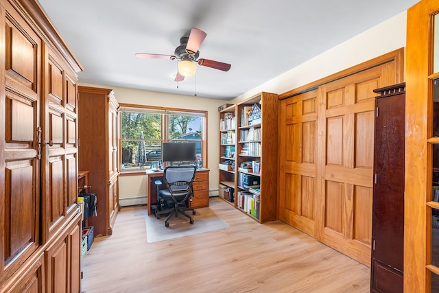 office featuring a ceiling fan, light wood-style flooring, and baseboard heating