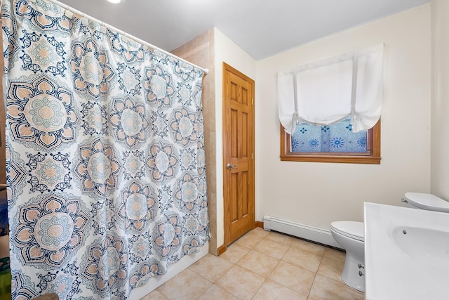 full bathroom with toilet, baseboard heating, tile patterned floors, a shower with curtain, and a sink