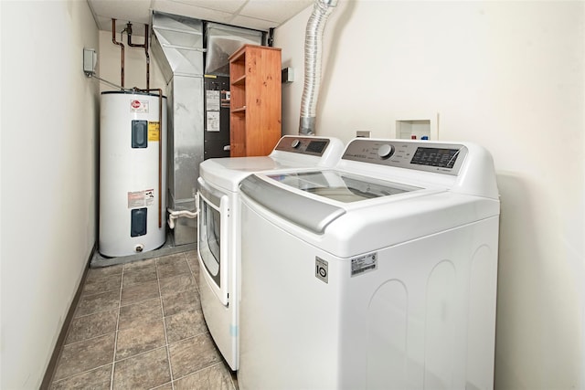 laundry room featuring water heater, laundry area, and washer and clothes dryer