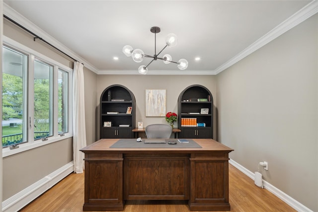 office space featuring a baseboard heating unit, baseboards, a chandelier, and light wood-style floors
