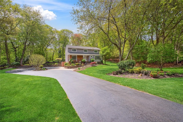 colonial-style house with a front lawn, brick siding, driveway, and a porch