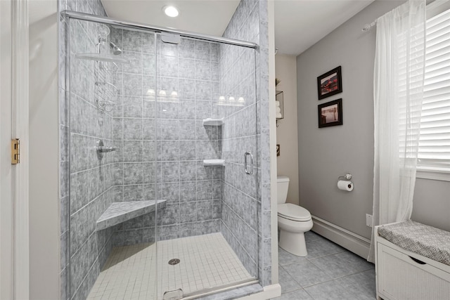 bathroom with tile patterned floors, a shower stall, and toilet