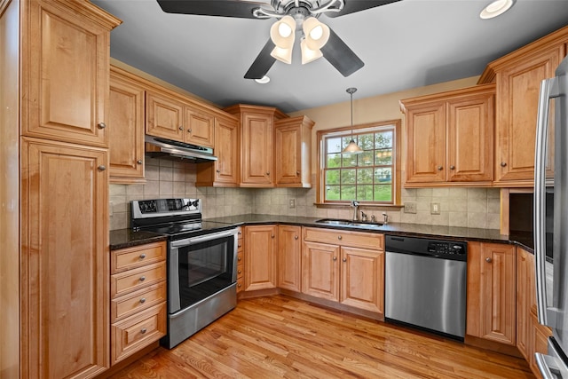 kitchen with a ceiling fan, a sink, light wood finished floors, under cabinet range hood, and stainless steel appliances
