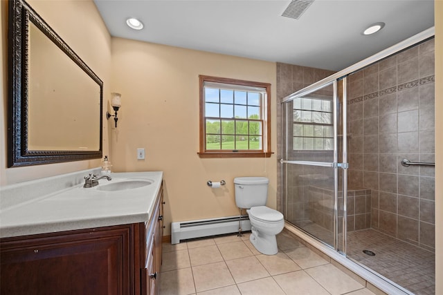 full bath with visible vents, toilet, tile patterned floors, a baseboard radiator, and a stall shower