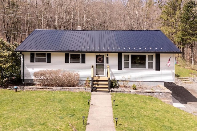 view of front of home featuring a front yard and metal roof