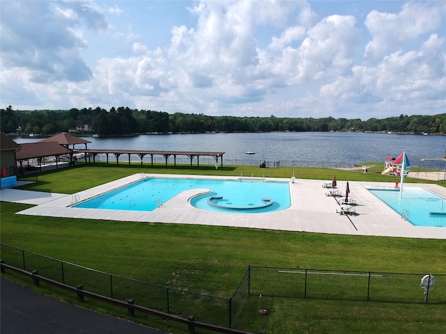 11 Lakeview Ct, Rock Hill, NY 12775 - pool with a yard, a patio area, a water view, and fence