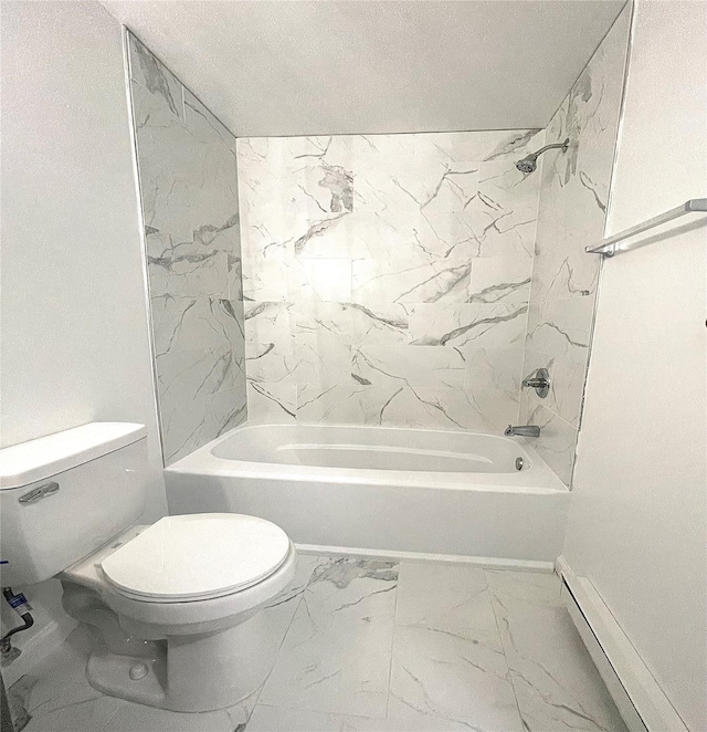 11 Lakeview Ct, Rock Hill, NY 12775 - bathroom featuring a baseboard heating unit, baseboards, toilet, bathing tub / shower combination, and marble finish floor
