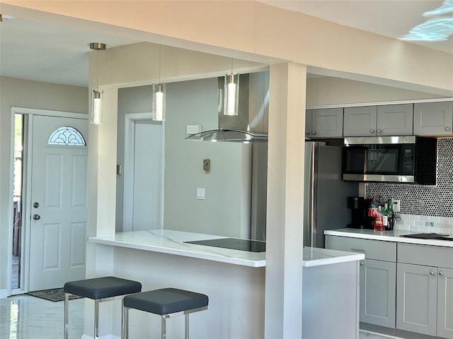 11 Lakeview Ct, Rock Hill, NY 12775 - kitchen featuring stainless steel microwave, decorative backsplash, black electric cooktop, gray cabinets, and wall chimney exhaust hood