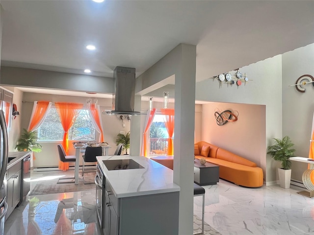 11 Lakeview Ct, Rock Hill, NY 12775 - kitchen with recessed lighting, stainless steel appliances, island exhaust hood, marble finish floor, and gray cabinetry
