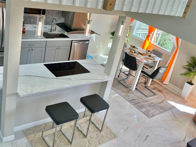 11 Lakeview Ct, Rock Hill, NY 12775 - kitchen with black electric cooktop, dishwasher, marble finish floor, and decorative backsplash