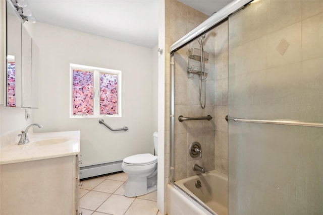 bathroom with vanity, bath / shower combo with glass door, toilet, tile patterned flooring, and a baseboard radiator