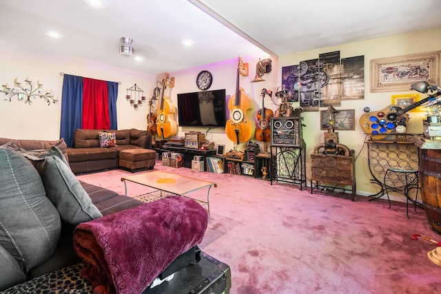 carpeted living room with recessed lighting