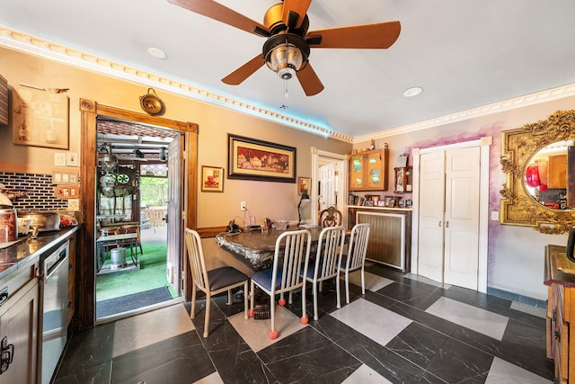 dining space with ceiling fan, ornamental molding, and recessed lighting