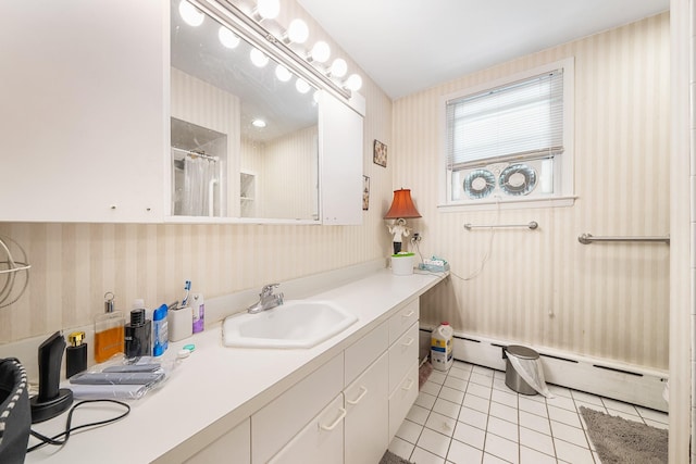 full bathroom with wallpapered walls, baseboard heating, tile patterned floors, vanity, and a shower with curtain
