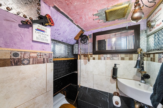 bathroom with a sink and vaulted ceiling