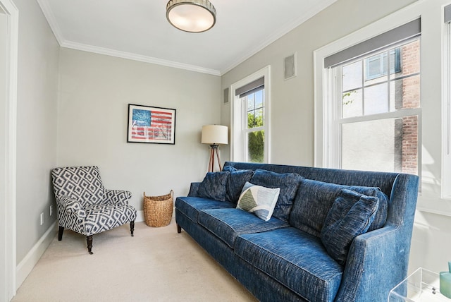 living room with visible vents, light carpet, and ornamental molding