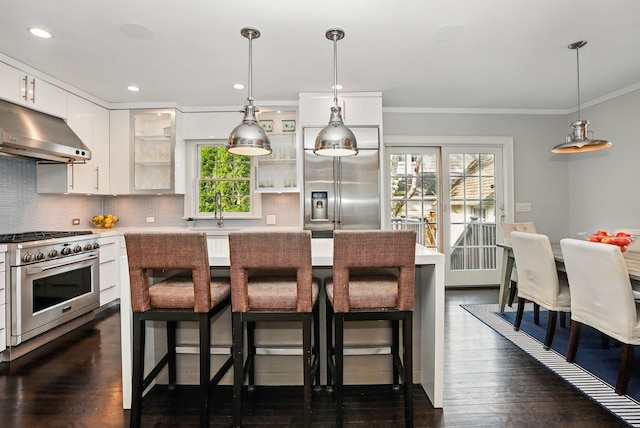 kitchen with under cabinet range hood, backsplash, premium appliances, and ornamental molding