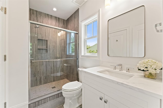 20 Carthage Ln, Scarsdale, NY 10583 - full bathroom featuring vanity, a stall shower, toilet, recessed lighting, and tile patterned floors