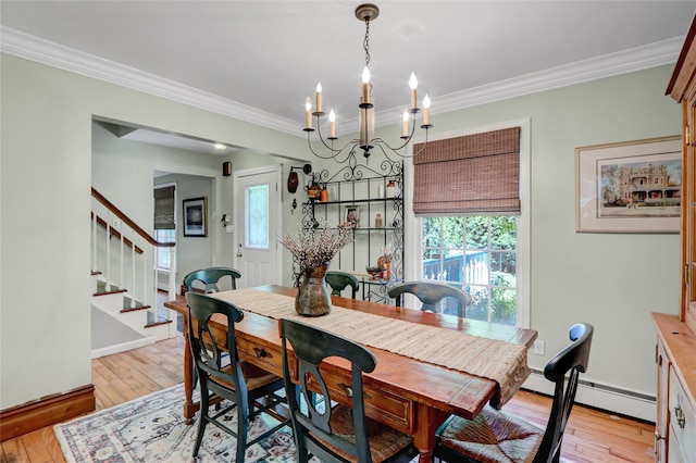 dining room featuring a baseboard radiator, ornamental molding, a chandelier, stairway, and light wood-style flooring