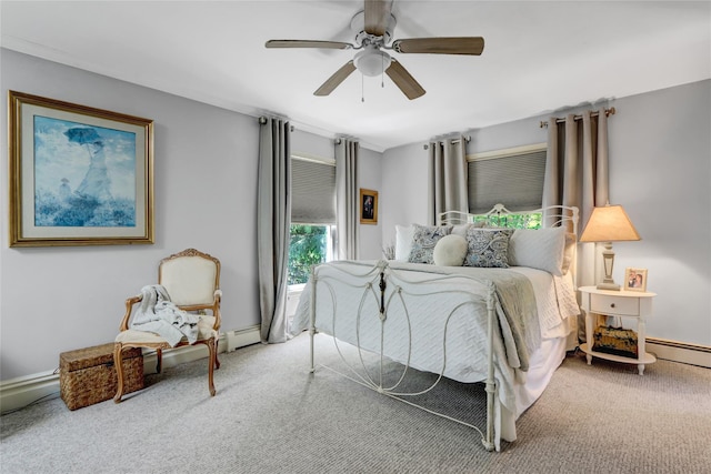bedroom with carpet, ceiling fan, baseboards, and baseboard heating