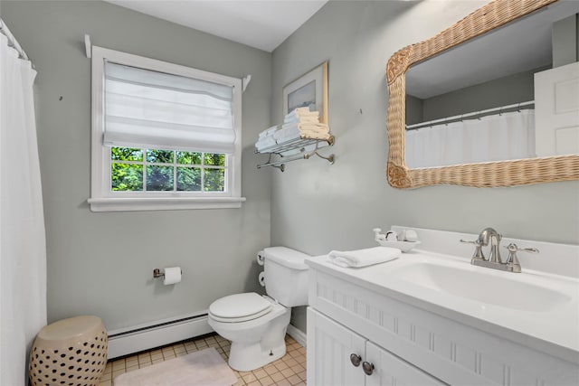 full bathroom with baseboard heating, toilet, tile patterned floors, vanity, and baseboards