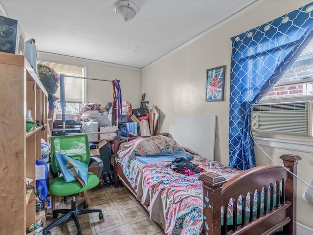 bedroom featuring ornamental molding and cooling unit