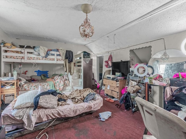 carpeted bedroom with a notable chandelier, a textured ceiling, and vaulted ceiling