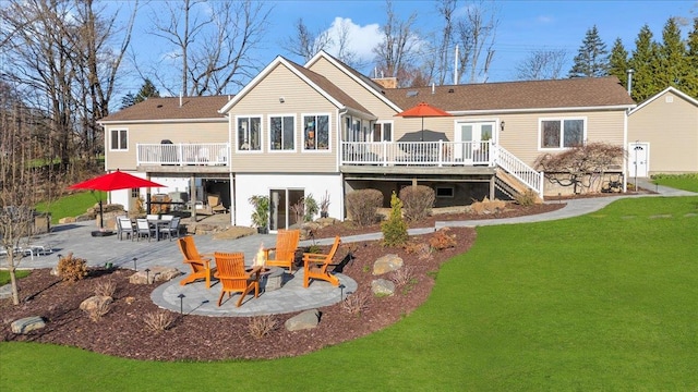 58 Big Island Rd, Warwick, NY 10990 - rear view of property featuring a wooden deck, a yard, a patio area, stairway, and a fire pit