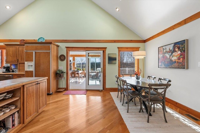 58 Big Island Rd, Warwick, NY 10990 - dining room featuring light wood-style floors, high vaulted ceiling, recessed lighting, and baseboards