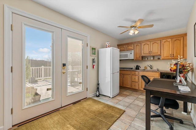 58 Big Island Rd, Warwick, NY 10990 - kitchen with white appliances, a sink, french doors, light tile patterned floors, and a desk