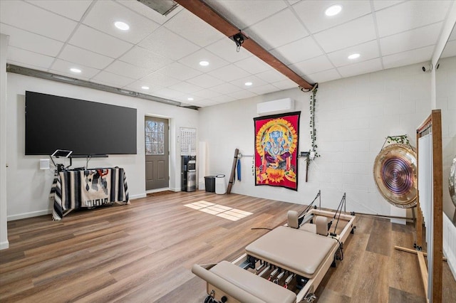 58 Big Island Rd, Warwick, NY 10990 - exercise area with baseboards, wood finished floors, a drop ceiling, recessed lighting, and concrete block wall