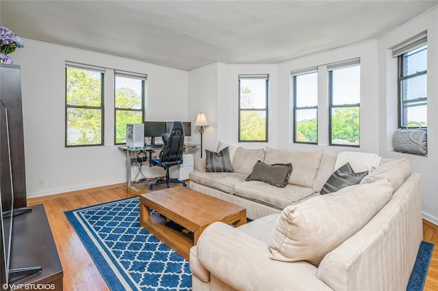 living room with baseboards and wood finished floors