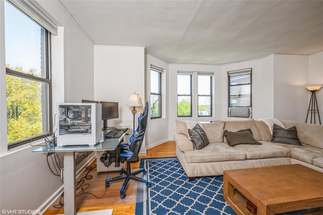home office with baseboards, plenty of natural light, and wood finished floors