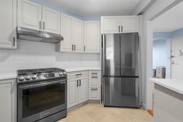 325 King St Unit 4D, Port Chester, NY 10573 - kitchen with appliances with stainless steel finishes, under cabinet range hood, light countertops, and decorative backsplash