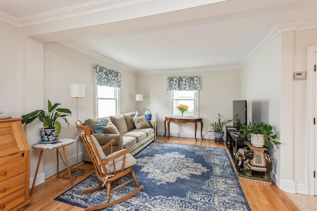 32 Peony Rd, Levittown, NY 11756 - living room featuring healthy amount of natural light, light wood-type flooring, ornamental molding, and baseboards