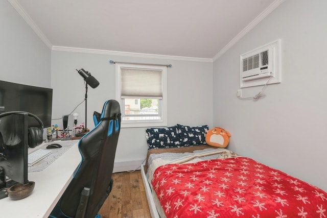 32 Peony Rd, Levittown, NY 11756 - bedroom featuring crown molding, wood finished floors, a desk, and a wall mounted AC