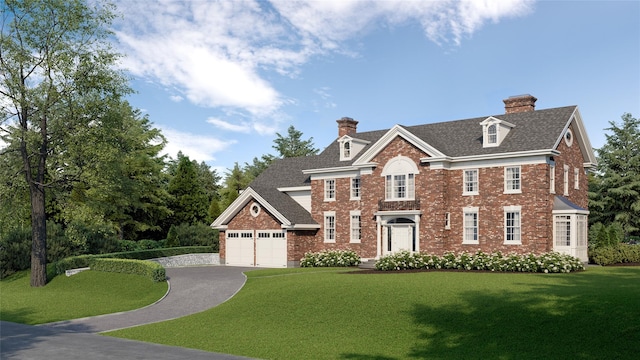 21 Autenrieth Rd, Scarsdale, NY 10583 - colonial home featuring a front lawn, roof with shingles, a chimney, brick siding, and driveway