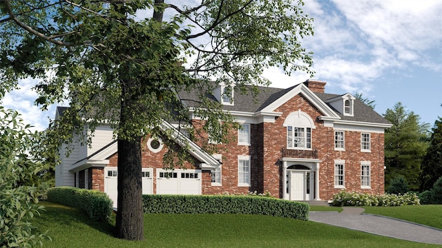 21 Autenrieth Rd, Scarsdale, NY 10583 - view of front facade with brick siding, a garage, a chimney, and a front yard