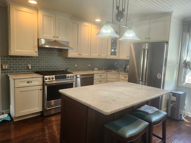 2575 Oaklawn Ave, Southold, NY 11971 - kitchen featuring appliances with stainless steel finishes, under cabinet range hood, dark wood-style floors, light countertops, and recessed lighting