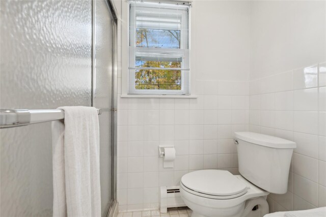 20 Rolling Ridge Rd, New City, NY 10956 - bathroom with a baseboard heating unit, tile walls, toilet, and a shower stall