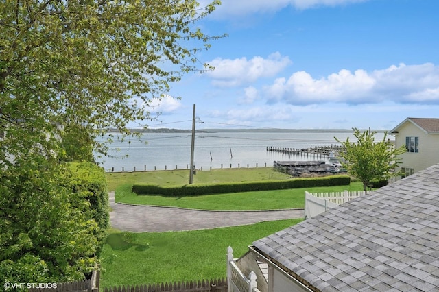 view of community with a water view and a yard